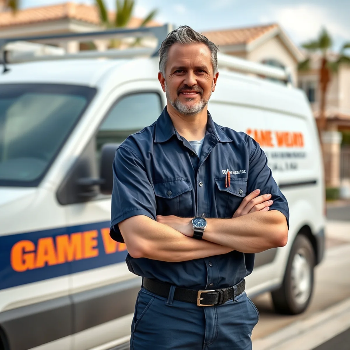 Owner of Mike's Drain and Plumbing with the company service van in Las Vegas, NV