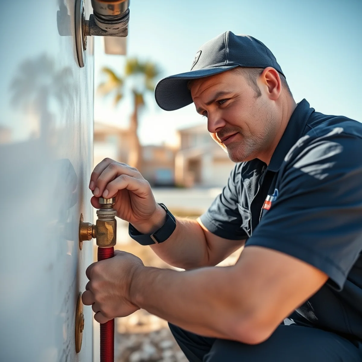 Plumber repairing a copper pinhole leak in lakeside Desert Shores, Las Vegas, NV