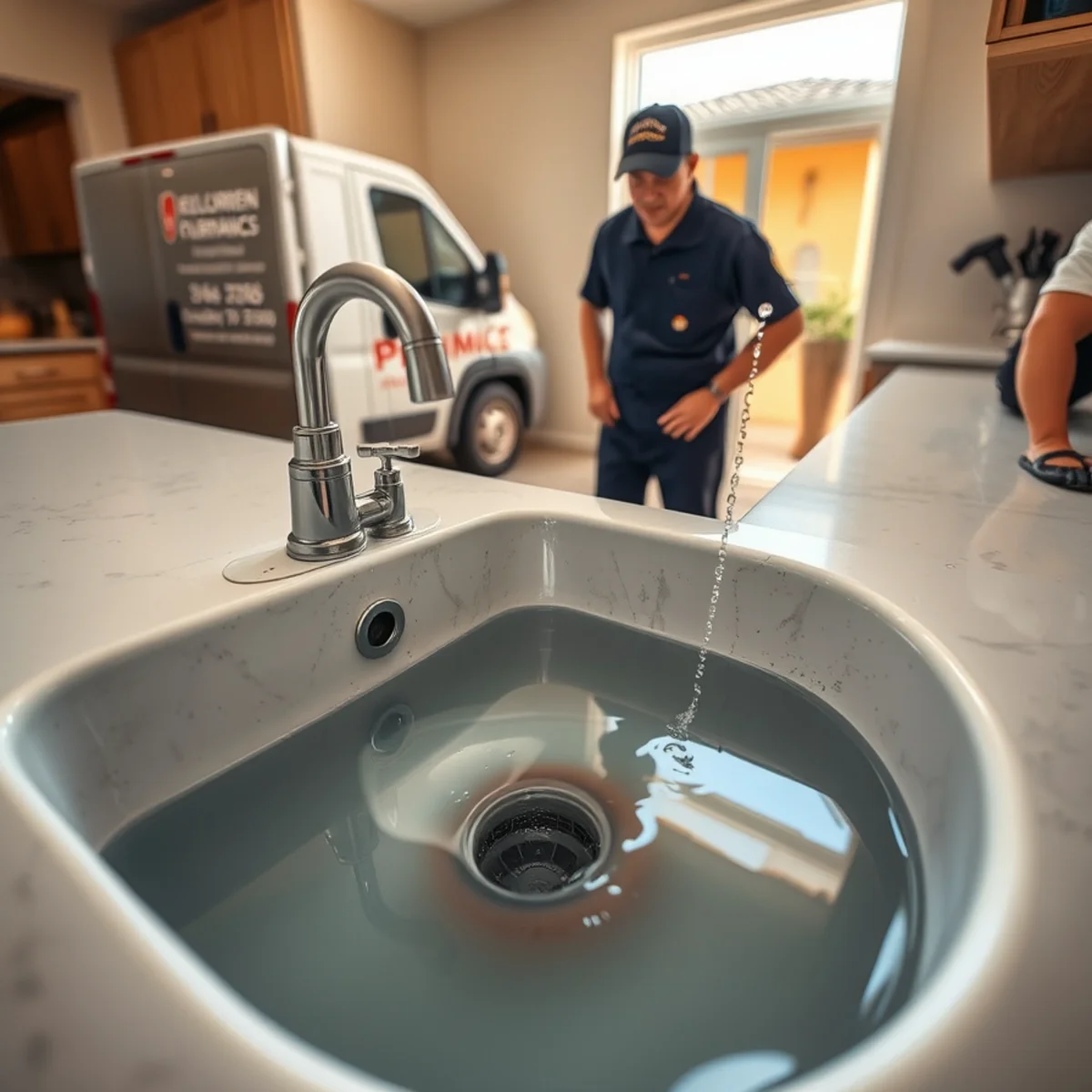 Water pooling in a kitchen sink from a recurring clog in a Las Vegas, NV home