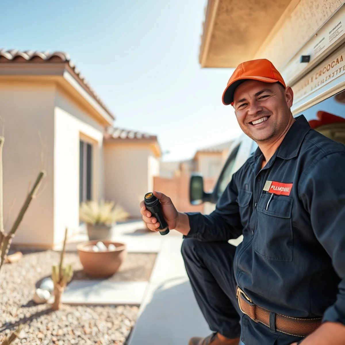 Plumber working in an Enterprise, NV stucco tract home near S Eastern Ave