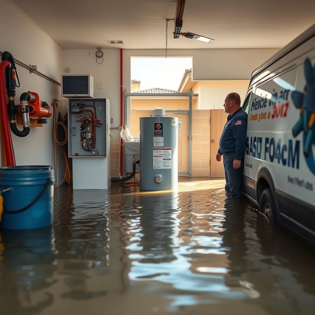Flooded garage with water around a water heater in a Las Vegas, NV home