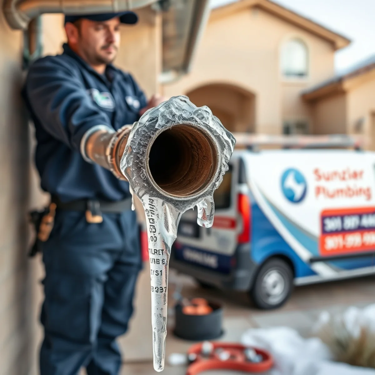 Frozen exposed water pipe on the exterior of a Las Vegas, NV home during a cold snap