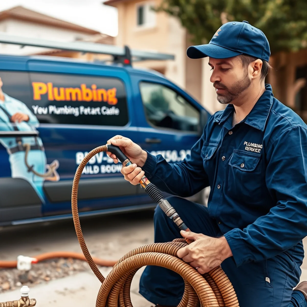 Plumber comparing a drain cable and hydro jetting hose at a Las Vegas, NV job