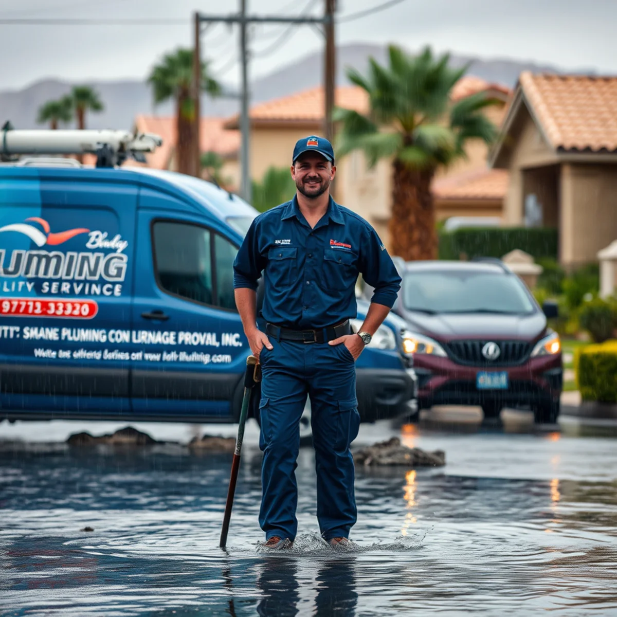 Monsoon storm flooding a street in Las Vegas, NV with plumbing drainage concerns