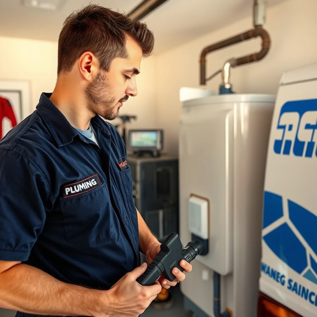 Homeowner checking a water heater with no hot water in a Las Vegas, NV garage