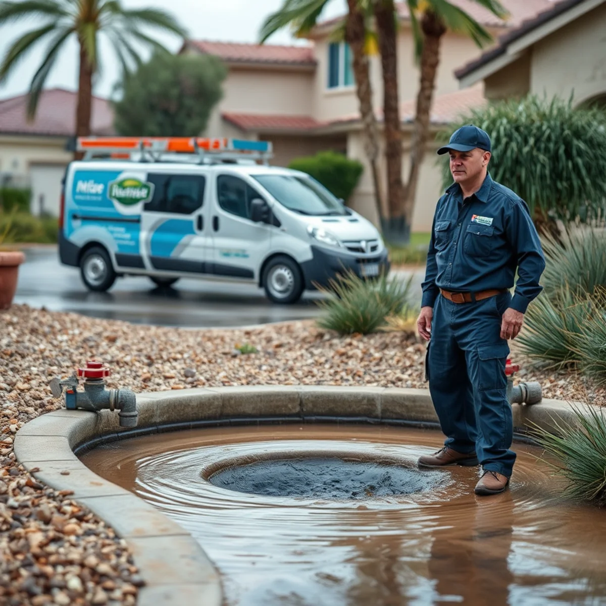 Storm water pooling near a home sewer cleanout during monsoon season in Las Vegas, NV