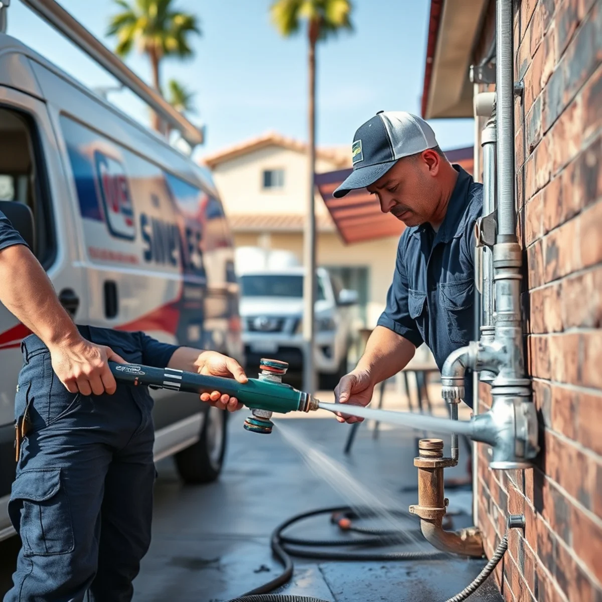 Plumber hydro jetting a grease-clogged kitchen drain line at a Las Vegas, NV restaurant