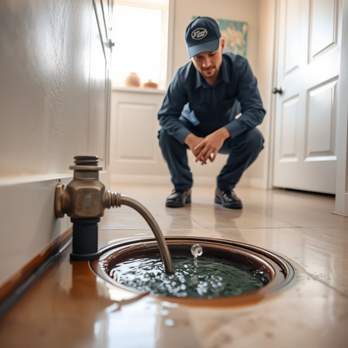 Water backing up into a floor drain during a sewer backup in a Las Vegas, NV home