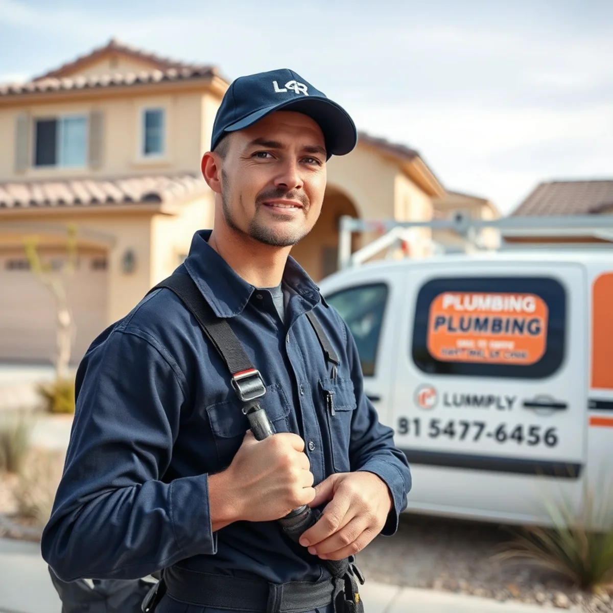 Plumber at a newer stucco tract home in Southwest Las Vegas, NV