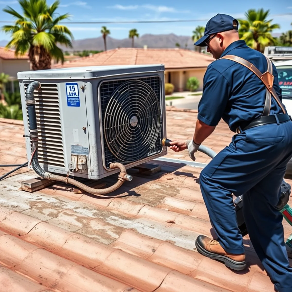 Old rooftop swamp cooler and its water supply line on a Las Vegas, NV home