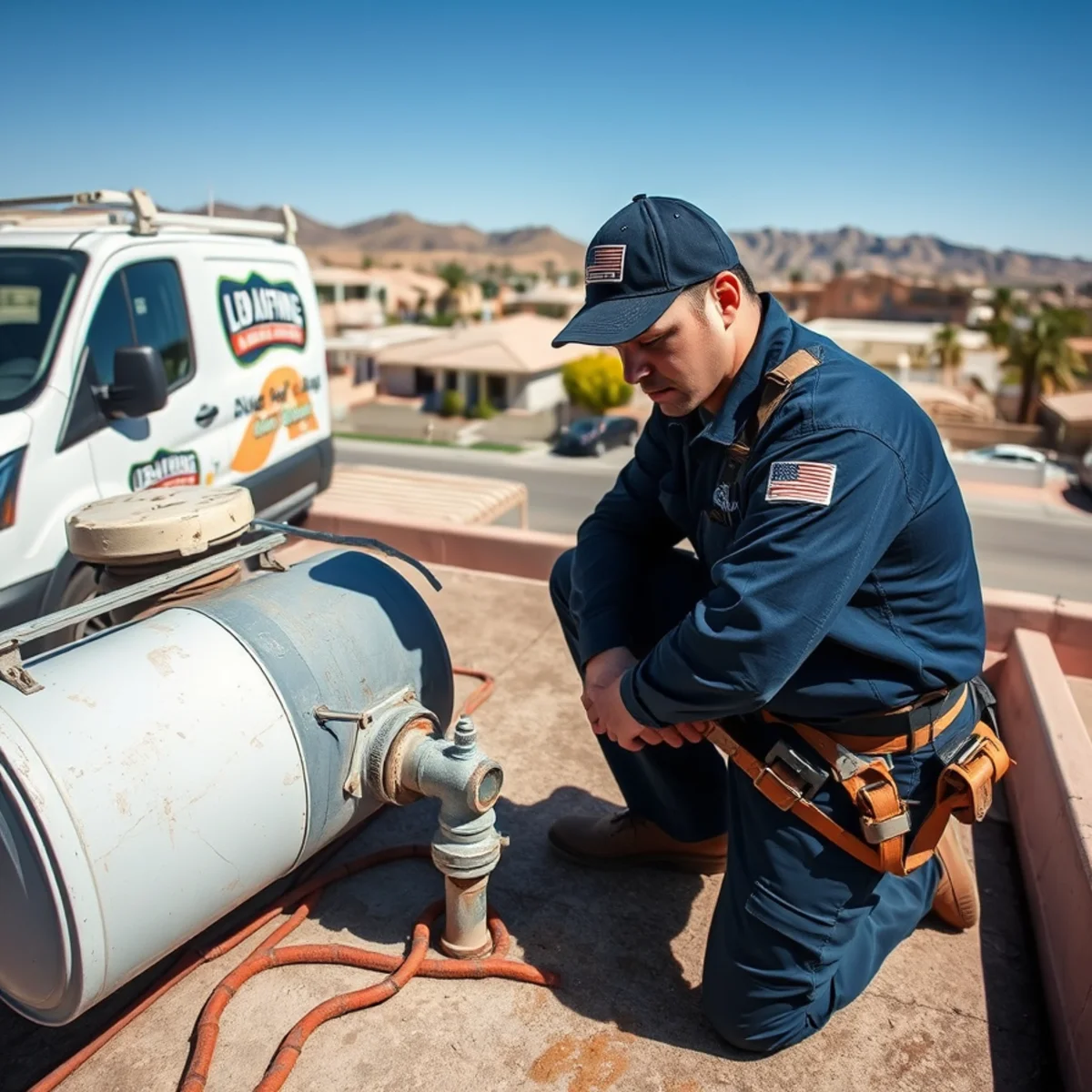 Plumber capping an abandoned swamp cooler water line on a Las Vegas, NV rooftop
