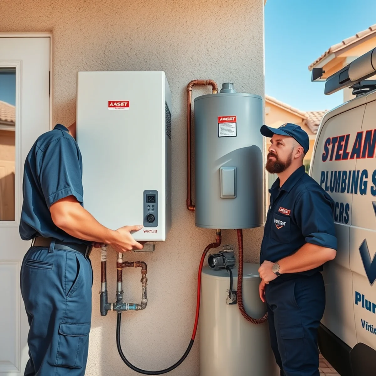 Tankless water heater mounted next to an old tank unit in a Las Vegas, NV home