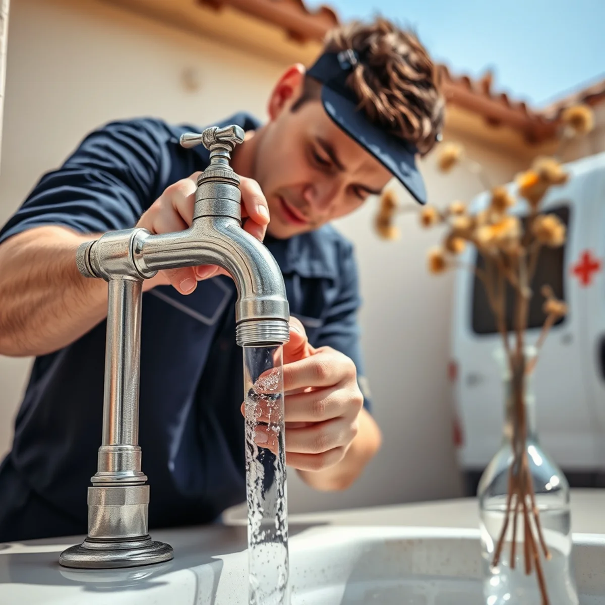 Opening a faucet to drain pressurized water lines after a burst pipe in Las Vegas