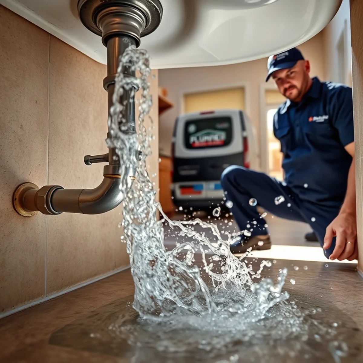 Water spraying from a burst pipe under a sink in a Las Vegas, NV home