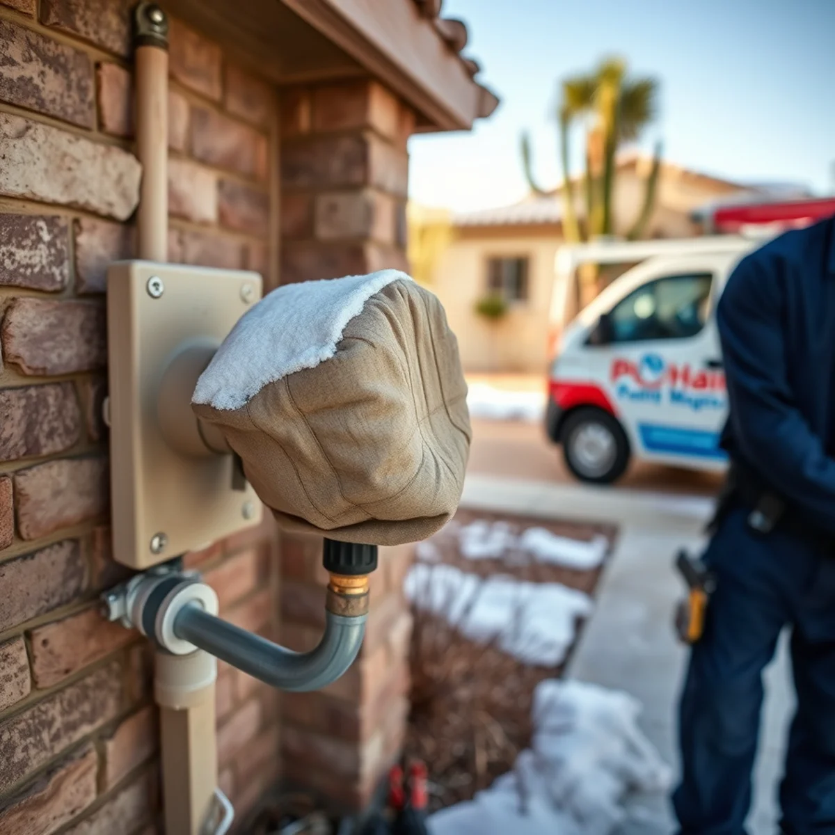 Insulated cover on an outdoor hose bib winterized against a cold snap at a Las Vegas, NV home